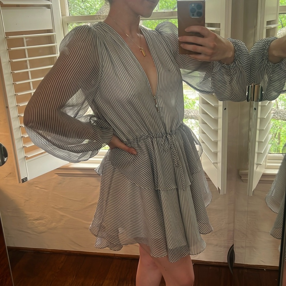 Blue and White Striped Shona Joy Puff Sleeve Mini Dress